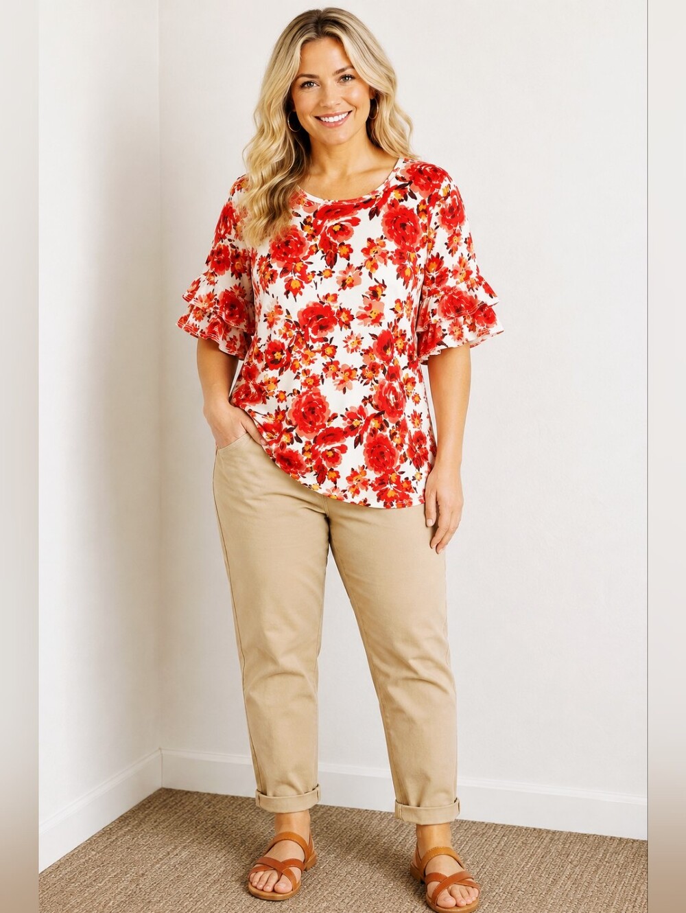 Southern Stitch Colorful Floral Top, Two-Tier Short Bell Sleeves, Sz XL